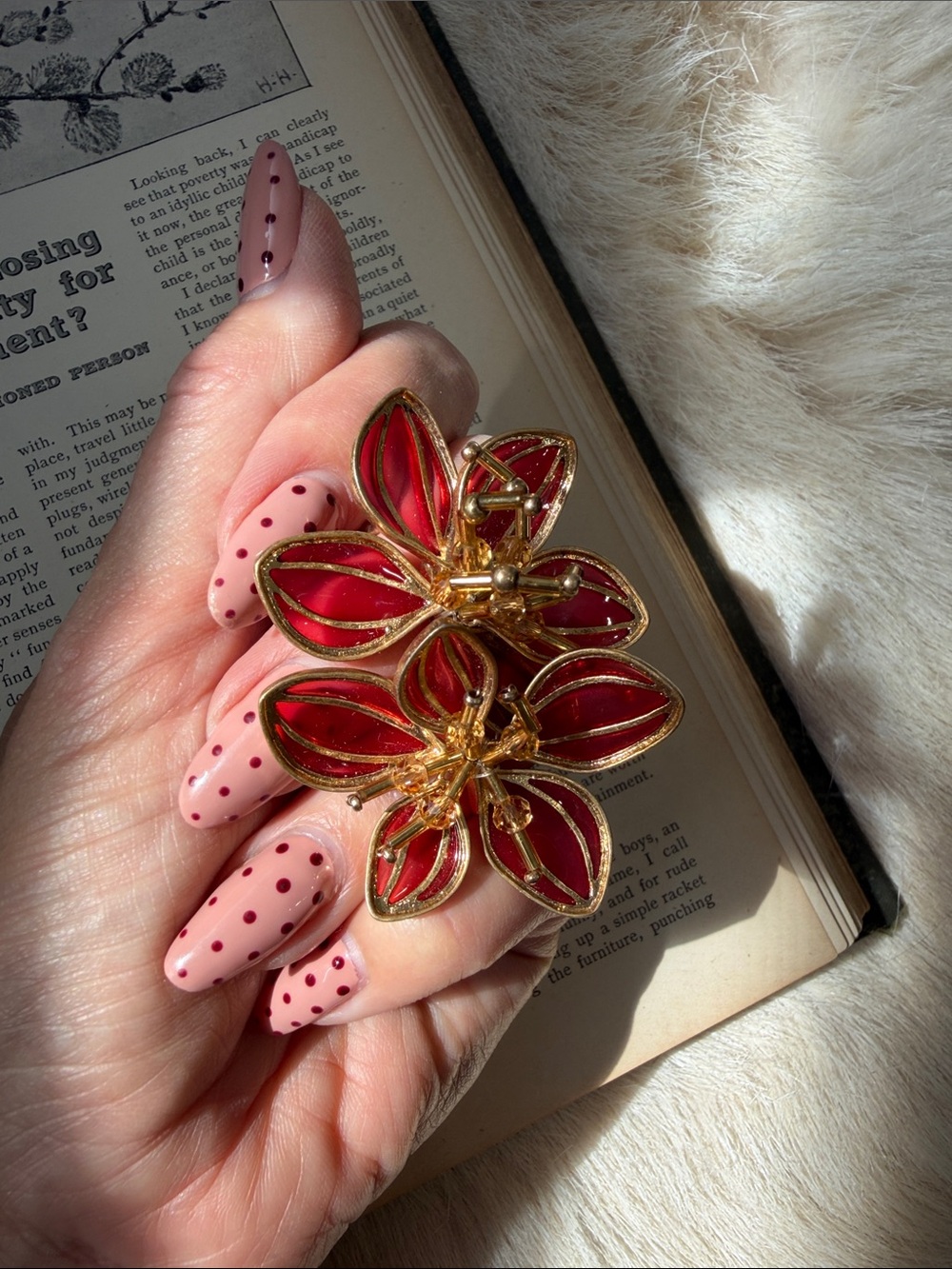 ZARA Gold & Red Floral Statement Double Finger Ring - Women Jewelry
